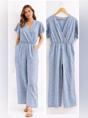 Made in Italy Blue Floral Jumpsuit Faux Wrap Elastic Waist Boho Coastal Wide Leg
